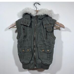 Nori Y2K Girls Cropped Cargo Utility Fur Lined Hooded Vest Size S